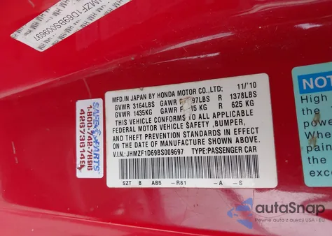 2011 Honda Cr-Z Ex z USA, uszkodzony, nr VIN JHMZF1D69BS009697